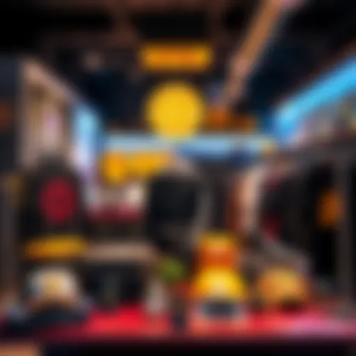 A selection of Bitcoin themed merchandise including apparel and accessories in a store setting.