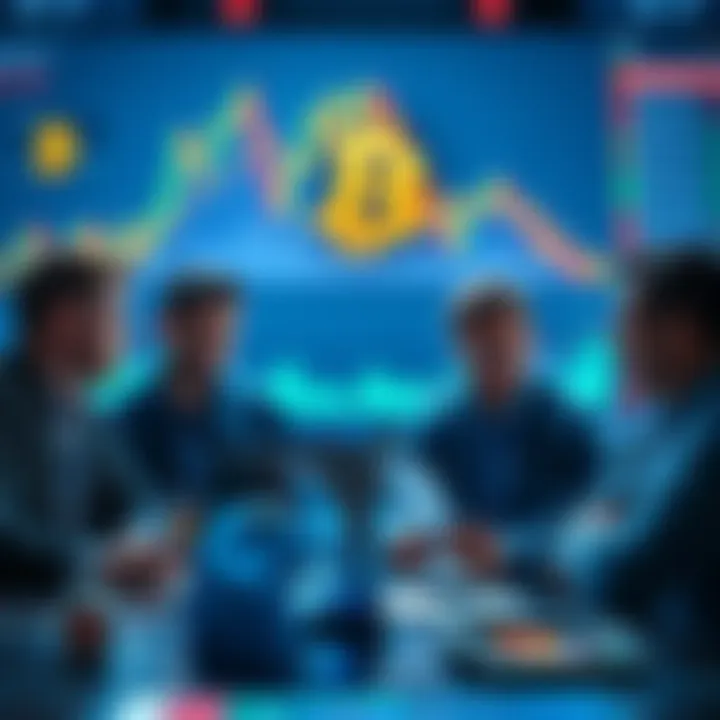 Group of investors discussing strategies with Bitcoin charts in the background