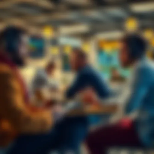 A group of relaxed Bitcoin traders enjoying a break at a coffee shop, discussing market trends and future strategies