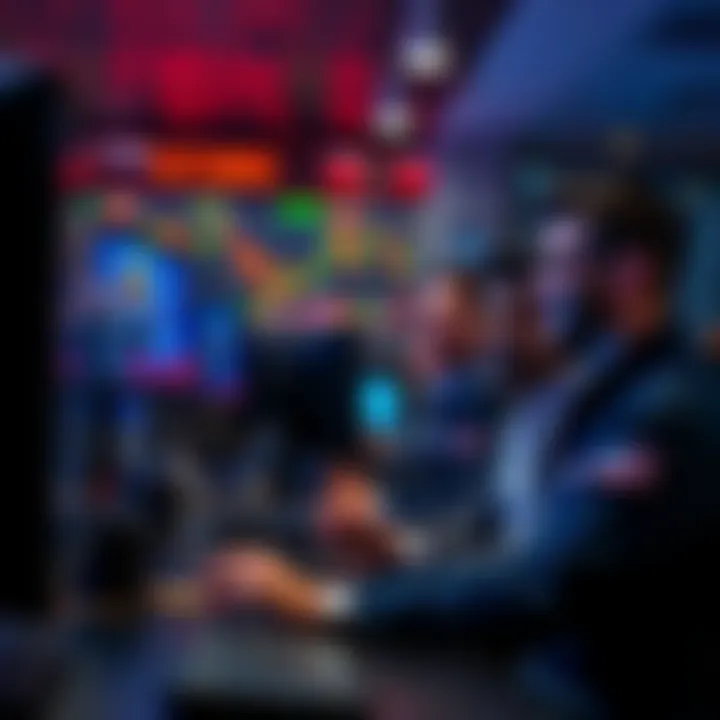 A group of traders looking at screens showing Bitcoin prices, smiling as they see small profits, while graphs in the background highlight market volatility.