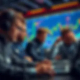 A group of Bitcoin traders looking at fluctuating market charts on laptops, showing signs of stress and concern over their trading decisions