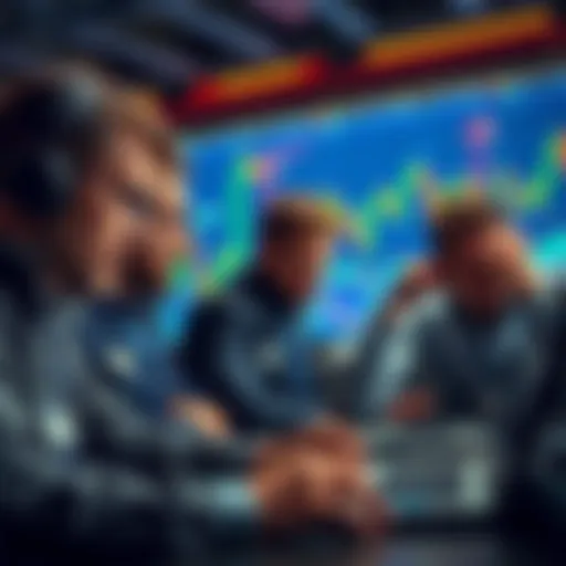 A group of Bitcoin traders looking at fluctuating market charts on laptops, showing signs of stress and concern over their trading decisions