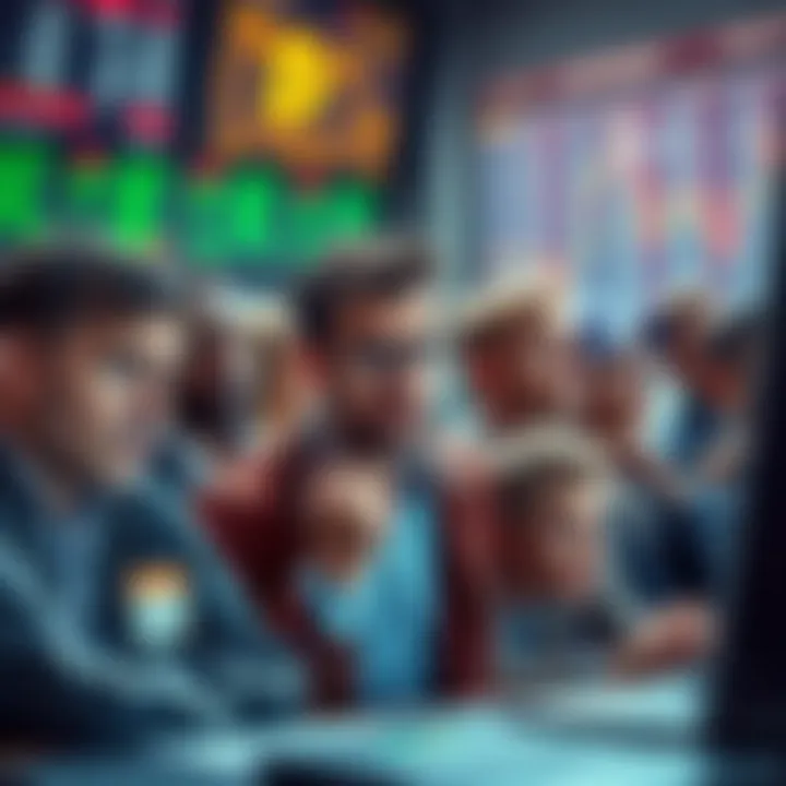 Group of traders expressing mixed emotions over Bitcoin's market decline, showcasing regret and humor amidst tension