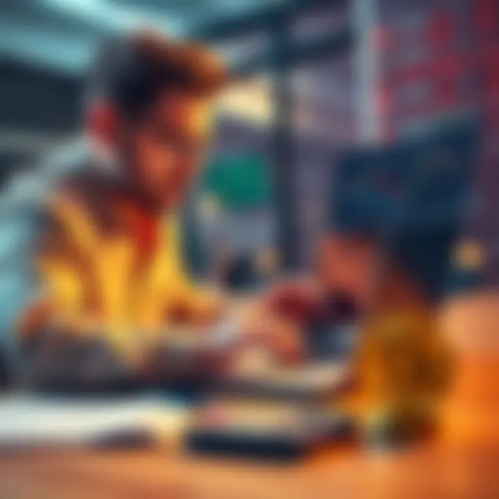 A distressed investor looking at Bitcoin charts on a laptop, showing losses in trades with a calculator nearby.