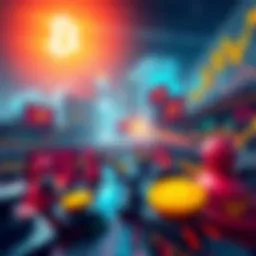 A vibrant 3D scene depicting Bitcoin trading with order books, large trades, and liquidations in action.