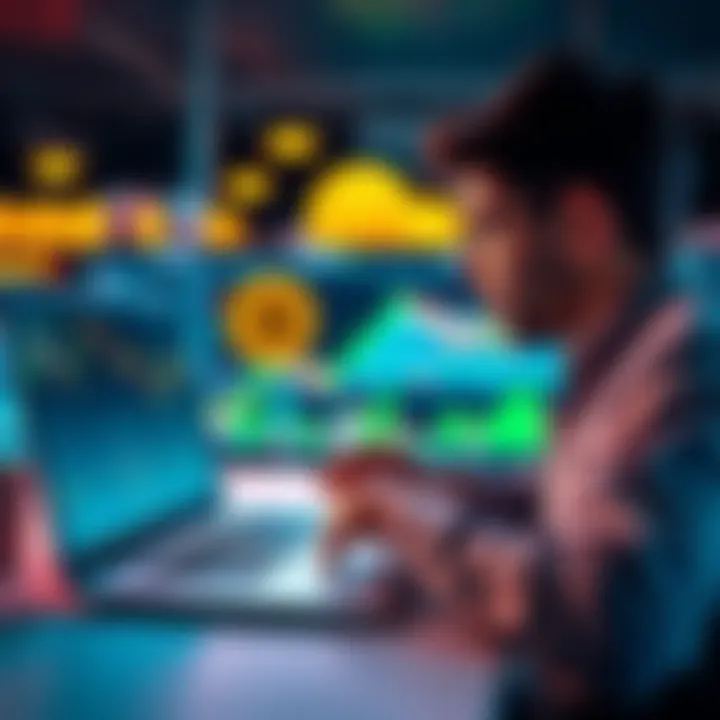 Bitcoin Trading Concept A person analyzing Bitcoin charts on a laptop, showing market trends and graphs, with Bitcoin symbols in the background.