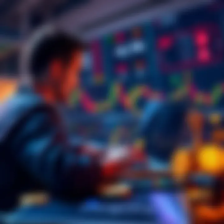 A person analyzing Bitcoin charts on a laptop with cryptocurrency symbols around them