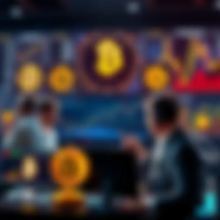 A visual representation of different Bitcoin trading strategies with various people analyzing market charts and making trading decisions.