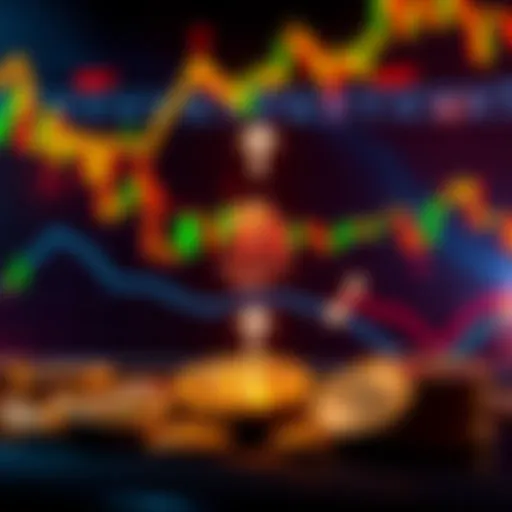 A visual showing Bitcoin price charts with arrows indicating long and short positions, overlaid with coins and dollar signs.