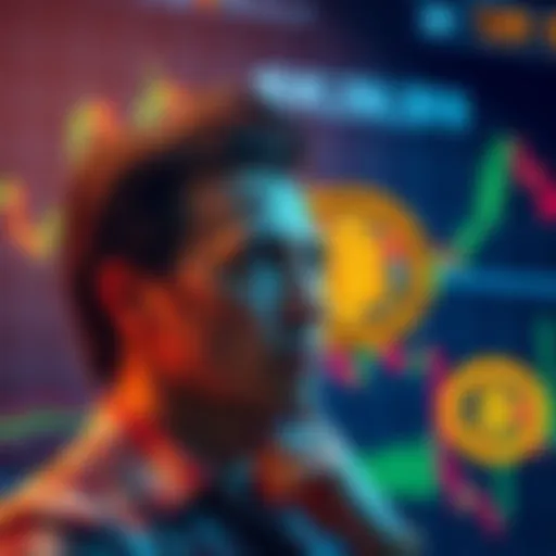 A person contemplating between trading Bitcoin and holding it for the long term, with charts and Bitcoin symbols in the background.