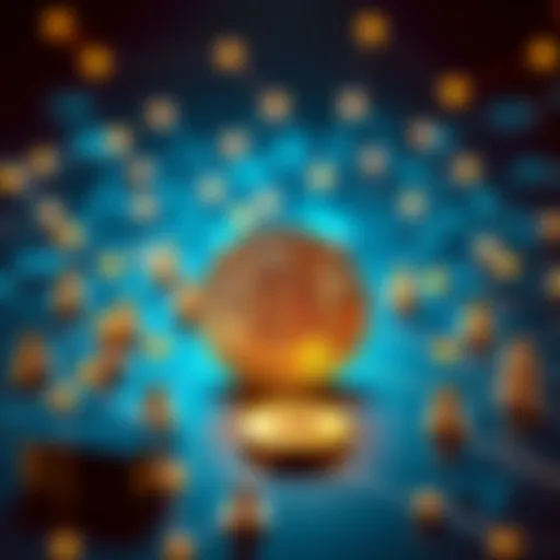 Illustration showing a Bitcoin symbol connected to local nodes, representing a new way to manage transactions without global consensus.