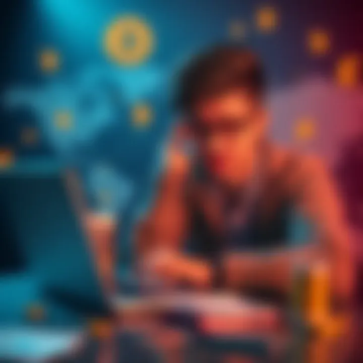 A person looks frustrated while using a laptop to transfer Bitcoin to a self-custody wallet, surrounded by currency symbols and a world map.