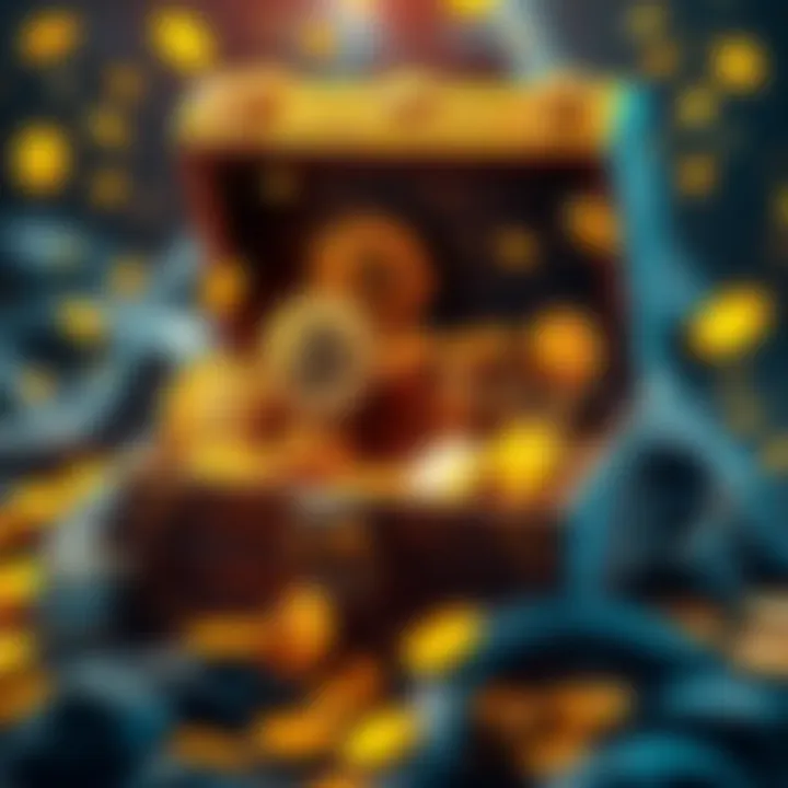 A treasure chest overflowing with gold coins and Bitcoin symbols, representing wealth and investment strategy.