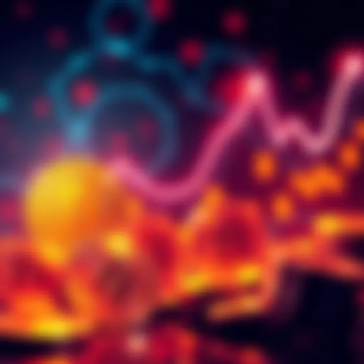 An illustration showing the consistent upward and downward trends of Bitcoin prices with graph lines and cryptocurrency symbols