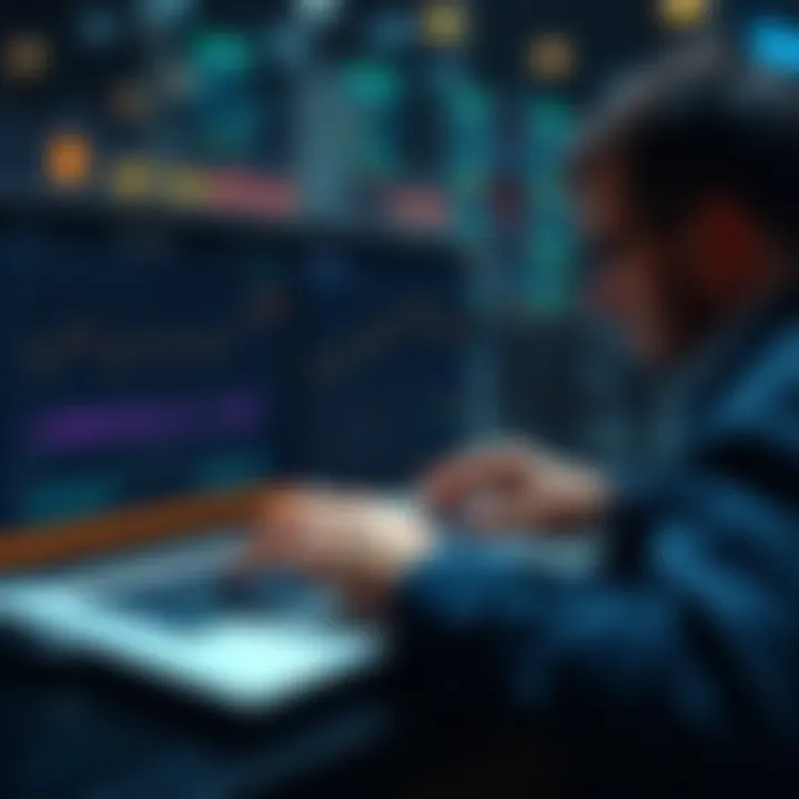 A person analyzing graphs and financial data on a laptop, focusing on Bitcoin investment strategies.