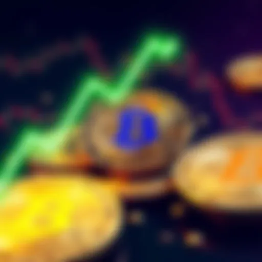 A graphic showing Bitcoin coins with a green upward trend line indicating potential price surge.