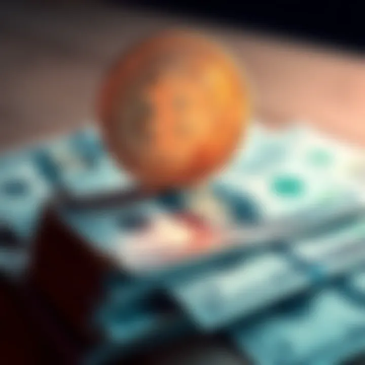 A Bitcoin symbol rests on a stack of US dollar bills, representing the connection between cryptocurrency and the US debt crisis.