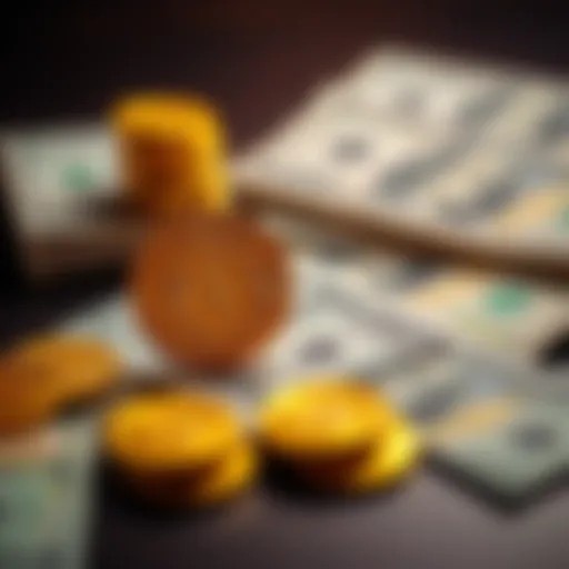 Bitcoin represented by a gold coin alongside U.S. dollar bills on a table