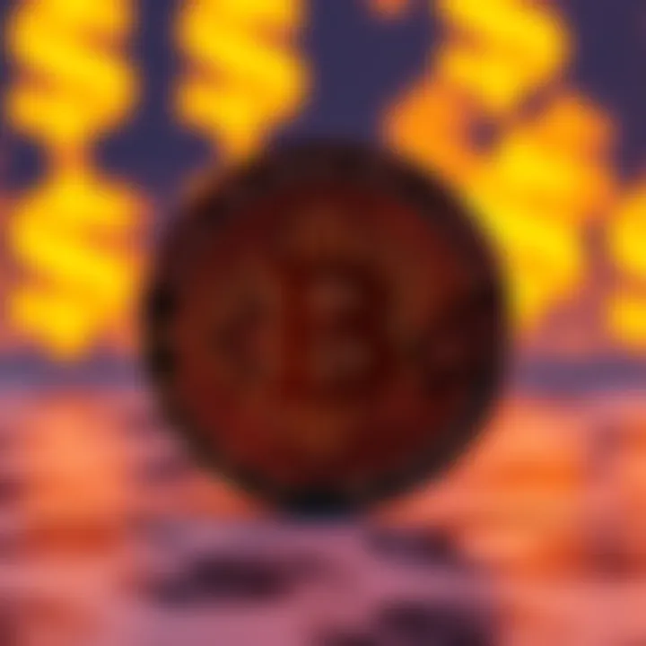A Bitcoin symbol in the foreground with faded US dollar signs in the background, representing a shift from traditional currency to cryptocurrency.