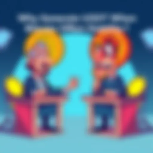 A humorous illustration showing Bitcoin and USDT characters in a debate setting, with exaggerated expressions and props representing their arguments.