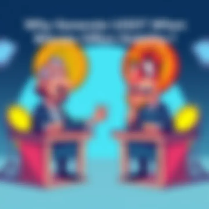 A humorous illustration showing Bitcoin and USDT characters in a debate setting, with exaggerated expressions and props representing their arguments.