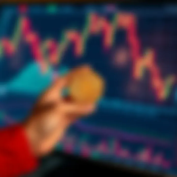 A person holding a physical Bitcoin token while looking at a fluctuating stock market chart on a screen, symbolizing uncertainty in Bitcoin's value.