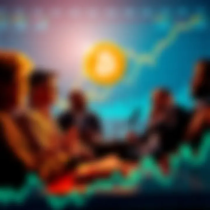 A group of experts discussing Bitcoin's worth, surrounded by charts and graphs illustrating market trends.
