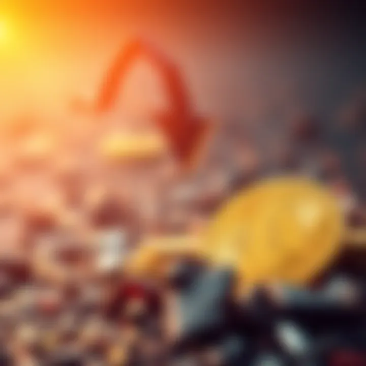 A visual representation of Bitcoin price dropping, with a downward arrow and broken coins in the background.