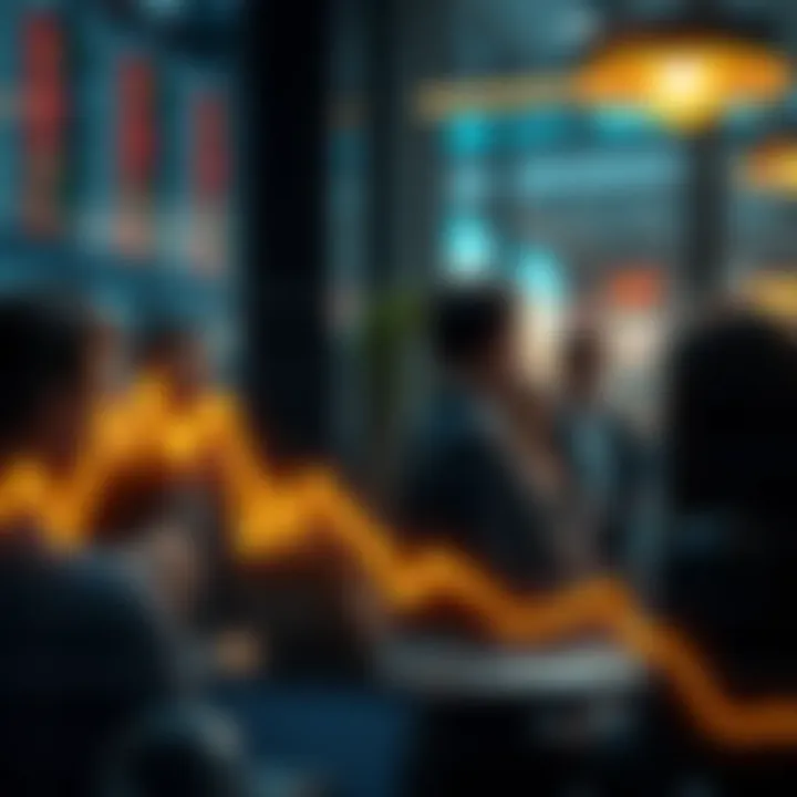 A graph showing a declining trend in Bitcoin value with a background of worried investors discussing the market.
