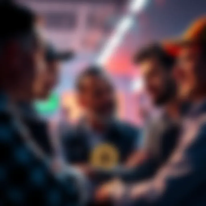 Bitcoin veterans sharing strategies A group of Bitcoin veterans discussing strategies to handle bear markets, with one person sharing personal experiences in a focused conversation.