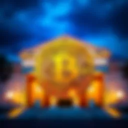 Bitcoin symbol with bank building A Bitcoin symbol appears in front of a traditional bank building, highlighting the contrast between cryptocurrency and traditional finance.