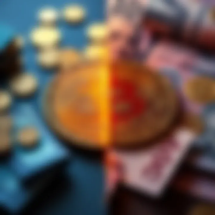 A split image showing Bitcoin symbols on one side and traditional currency notes on the other, representing the debate on their uses.