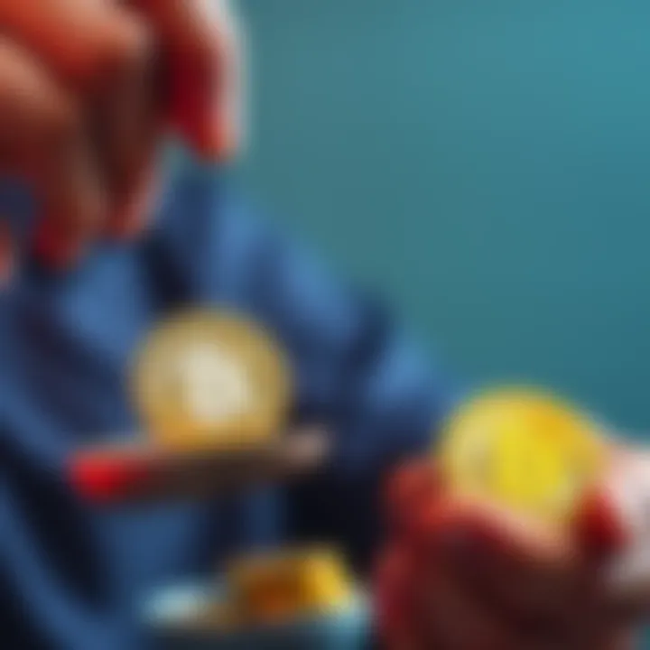 A person weighing gold coins and Bitcoin coins, considering financial options.