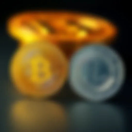 A visual comparison showing Bitcoin represented by a gold coin and Litecoin by a silver coin, highlighting their transaction speed and fees