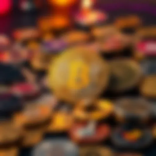 A Bitcoin coin stands out among various other cryptocurrency tokens on a table, symbolizing its unique position in the market.