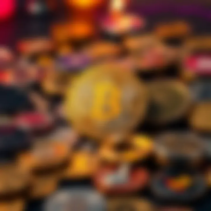 A Bitcoin coin stands out among various other cryptocurrency tokens on a table, symbolizing its unique position in the market.