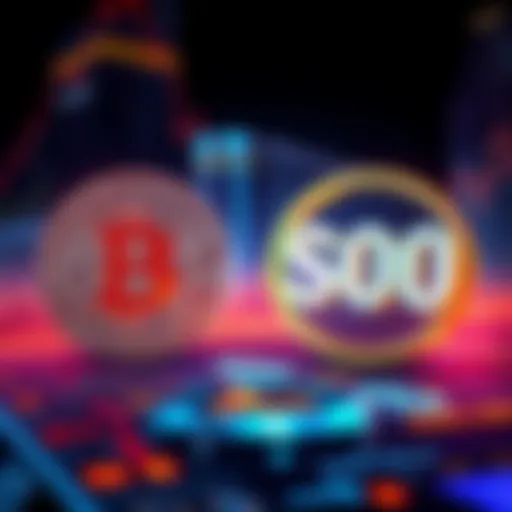 An illustration showing a Bitcoin symbol and the S&P 500 logo side by side, representing investment options