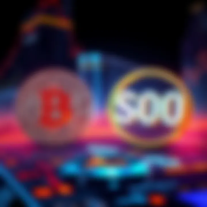 An illustration showing a Bitcoin symbol and the S&P 500 logo side by side, representing investment options