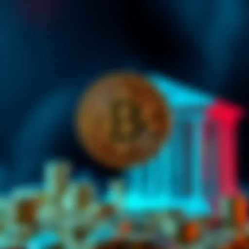 A visual showing Bitcoin's logo on one side and symbols of traditional finance, like a bank and dollar sign, on the other side.