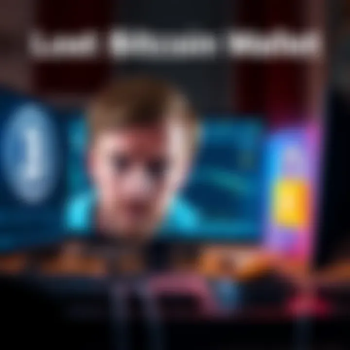 A person looking confused while trying to access a bitcoin wallet on a computer, with a locked padlock and Bitcoin symbol on the screen.