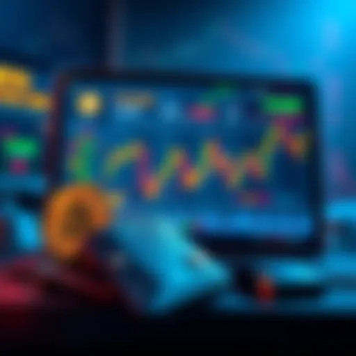 Illustration of a Bitcoin wallet and a computer screen showing an exchange platform with Bitcoin graphics.