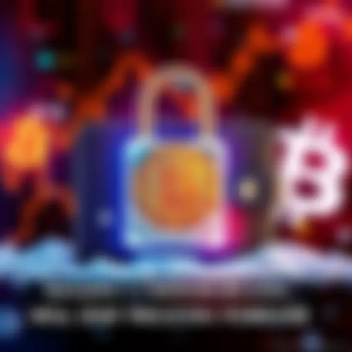 A digital representation of a locked Bitcoin wallet symbolizing Satoshi Nakamoto's frozen funds, with a backdrop of cryptographic symbols and a Bitcoin logo.