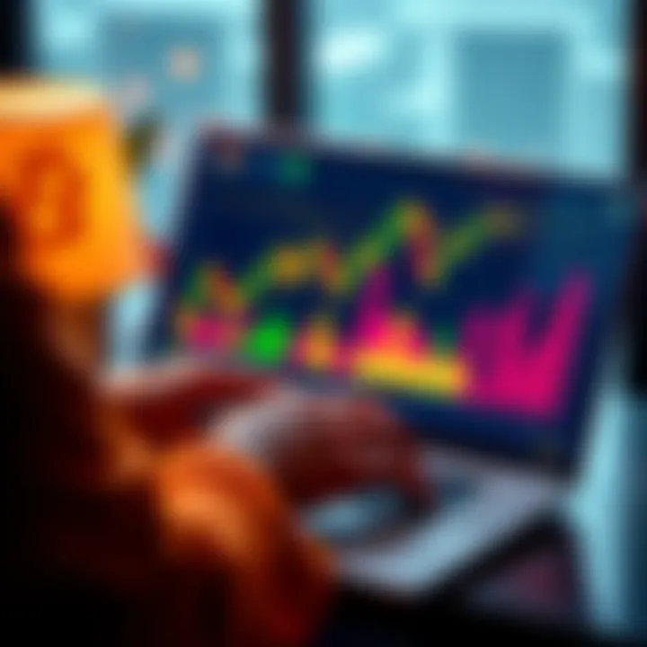 A person managing their Bitcoin wallet on a laptop showing a chart of Bitcoin prices and digital coins