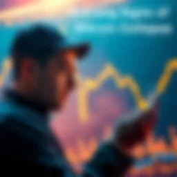 A person looking worried while checking Bitcoin prices on a phone, with a digital graph showing a downward trend in the background