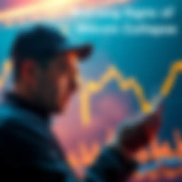 A person looking worried while checking Bitcoin prices on a phone, with a digital graph showing a downward trend in the background