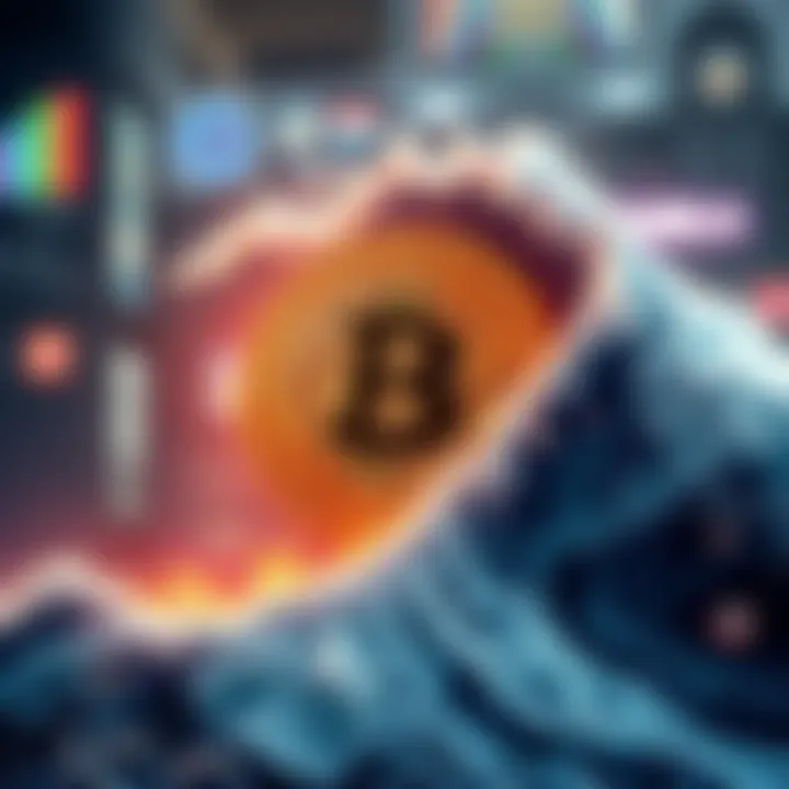 A visual depiction of Bitcoin soaring high like a wave, symbolizing the potential surge to $800,000, with elements representing the AI bubble in the background about to burst.