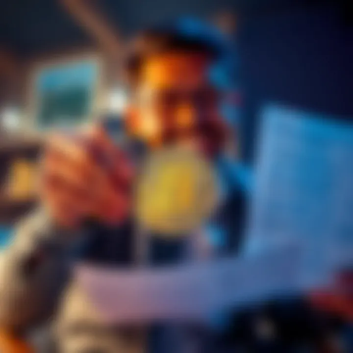 A person happily holding a Bitcoin while examining financial documents related to a mortgage.