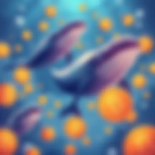 An illustration showing large whales swimming among Bitcoin icons, representing the growing wealth of Bitcoin holders