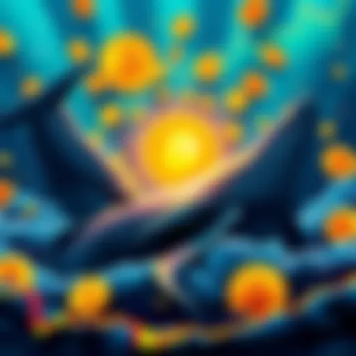 Bitcoin whales celebrating after months of losses with positive gains in trading, surrounded by Bitcoin symbols and charts showing upward trends.