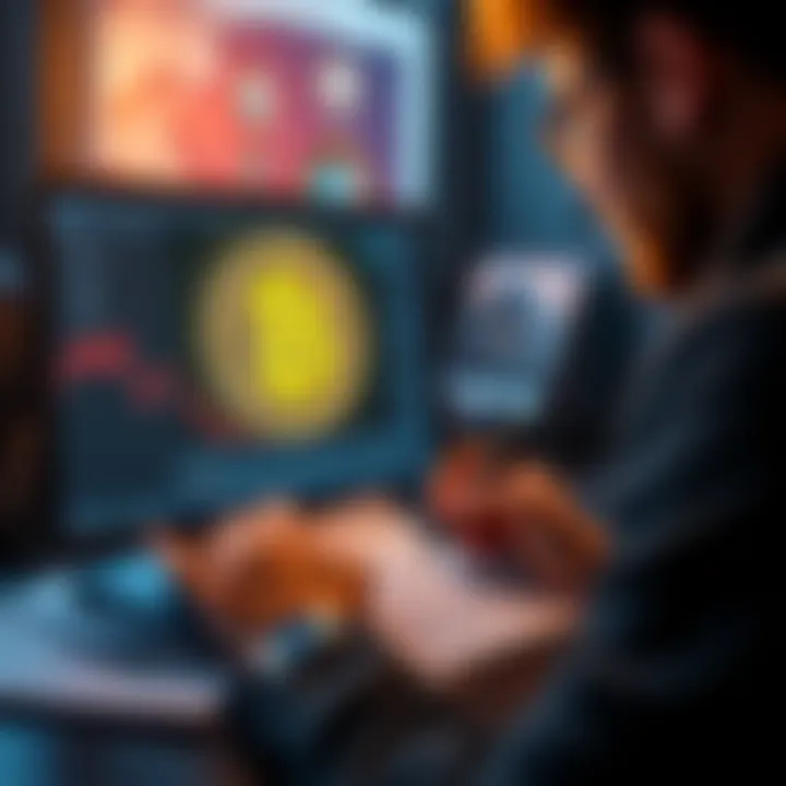 A person writing a will while looking at a Bitcoin symbol on a computer screen, representing the concept of Bitcoin inheritance planning.
